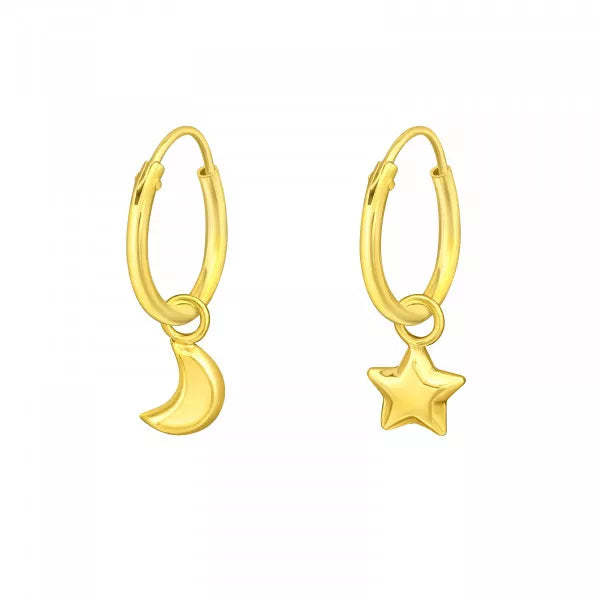 Gold Star Moon 925 Sterling Silver Hoops Earrings