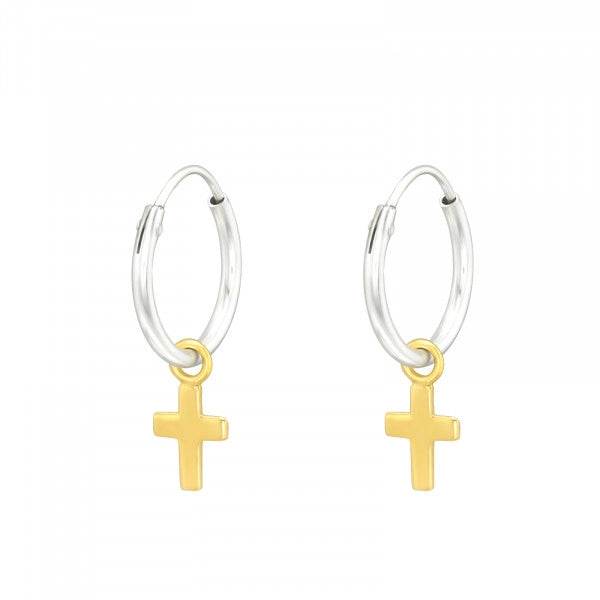 Two Tones Gold Cross 925 Sterling Silver Hoops Earrings