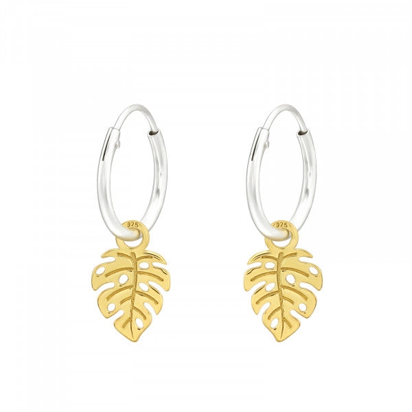 Two Tones Gold Leaf 925 Sterling Silver Hoops Earrings