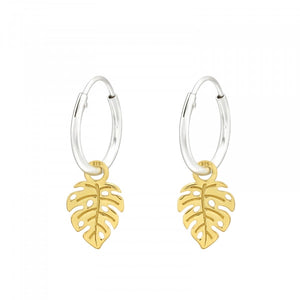 Two Tones Gold Leaf 925 Sterling Silver Hoops Earrings