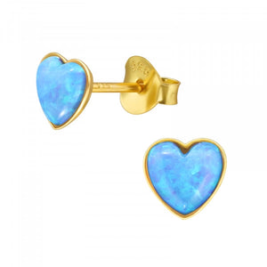 Gold Blue Opal Heart Stud Earrings Classic 925 Silver Stud Earrings