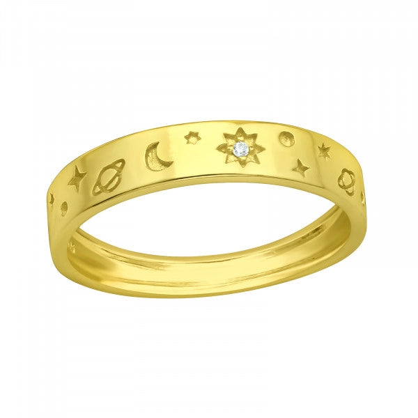 Universe Gold Moon Star 925 Silver Ring