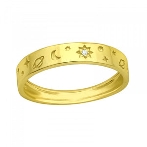 Universe Gold Moon Star 925 Silver Ring