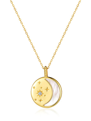 Gold Minimalist Moon And Star 925 Silver Necklace Diamond