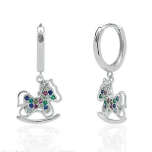 Multi Color Diamond Horse 925 Sterling Silver Hoops Earrings