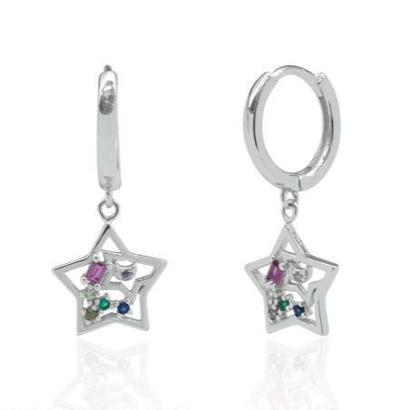 Multi Color Diamond Star 925 Sterling Silver Hoops Earrings